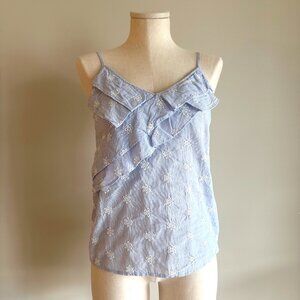 Light Blue Tank Top Womens Size 4 Pin Striped White Floral Ruffle